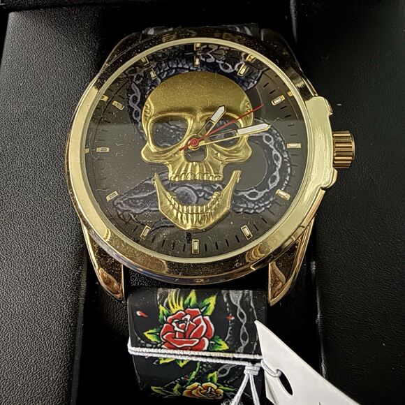Ed Hardy Men’s Golden Skull Face Watch Black Sneak Floral Strap Goth New - Picture 2 of 4